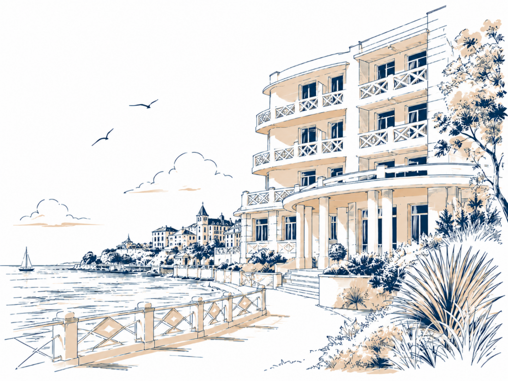 Une illustration du front de mer de Dinard en bleu nuit et tons sable.